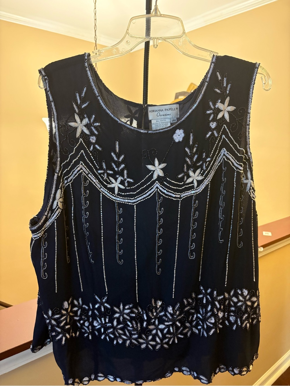 Adrianna Papell Black Beaded Floral Evening Shell